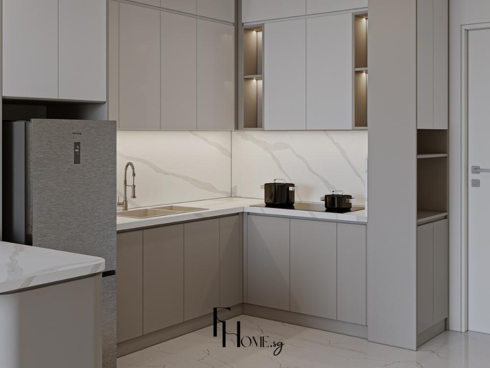 Gam màu sáng giúp mở rộng không gian và mang lại cảm giác thoáng đãng cho phòng bếp nhỏ