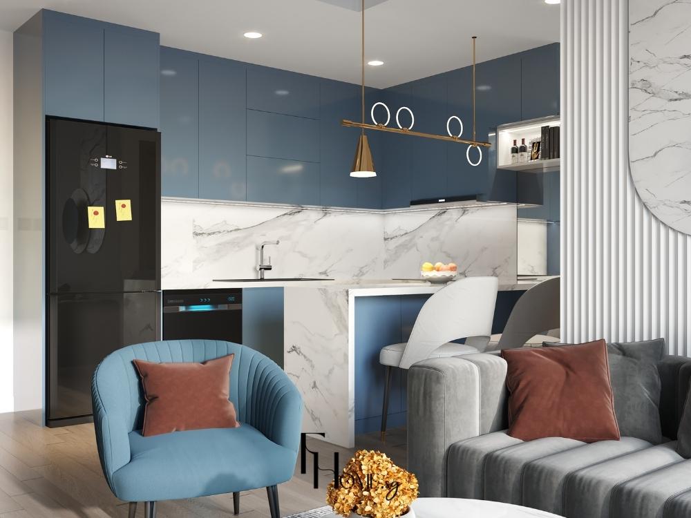 Gam màu trắng và xanh dương mang lại cảm giác tươi mới, giúp không gian bếp luôn tràn đầy năng lượng tích cực