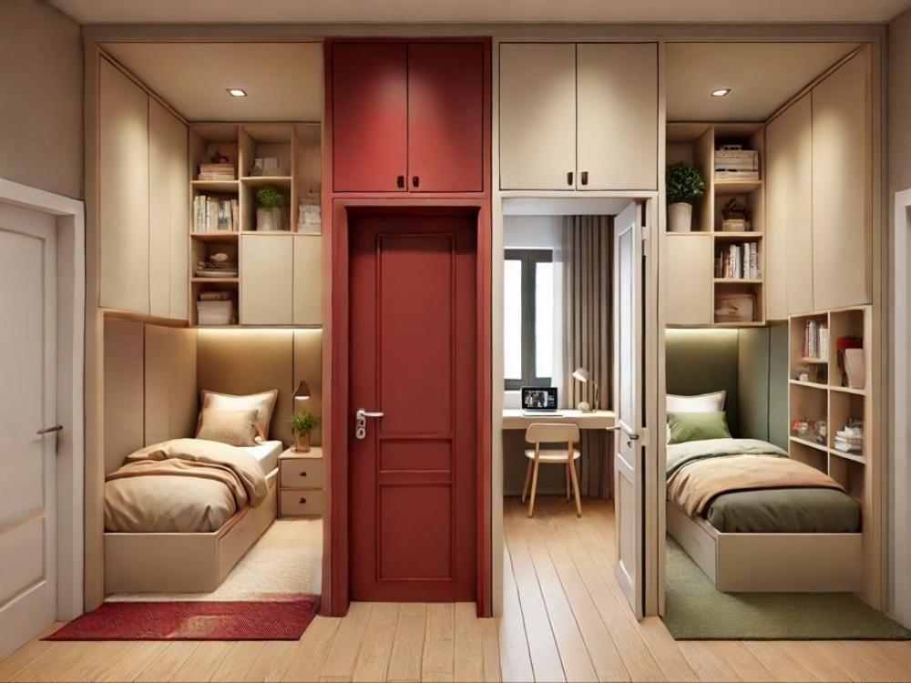 Giá sách được dùng làm vách ngăn tinh tế, đảm bảo sự riêng tư mà vẫn gắn kết tổng thể