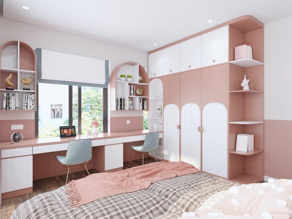 Góc học tập đặt gần cửa sổ, tận dụng ánh sáng tự nhiên, giúp bé thoải mái học và chơi