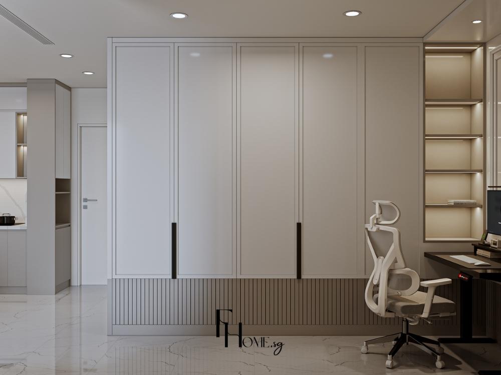 Góc làm việc tích hợp trong phòng khách được bố trí gọn gàng hài hòa với tổng thể không gian