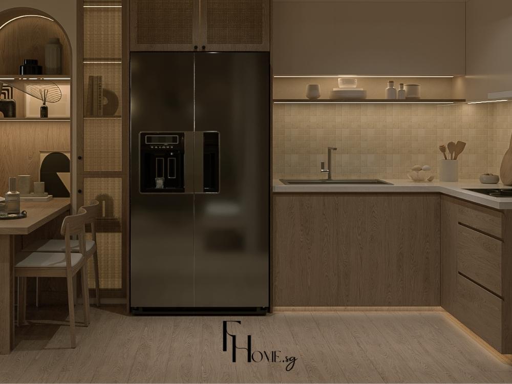 Hệ thống đèn âm trần cung cấp ánh sáng đều cho toàn bộ không gian bếp, tạo cảm giác sáng và rộng rãi