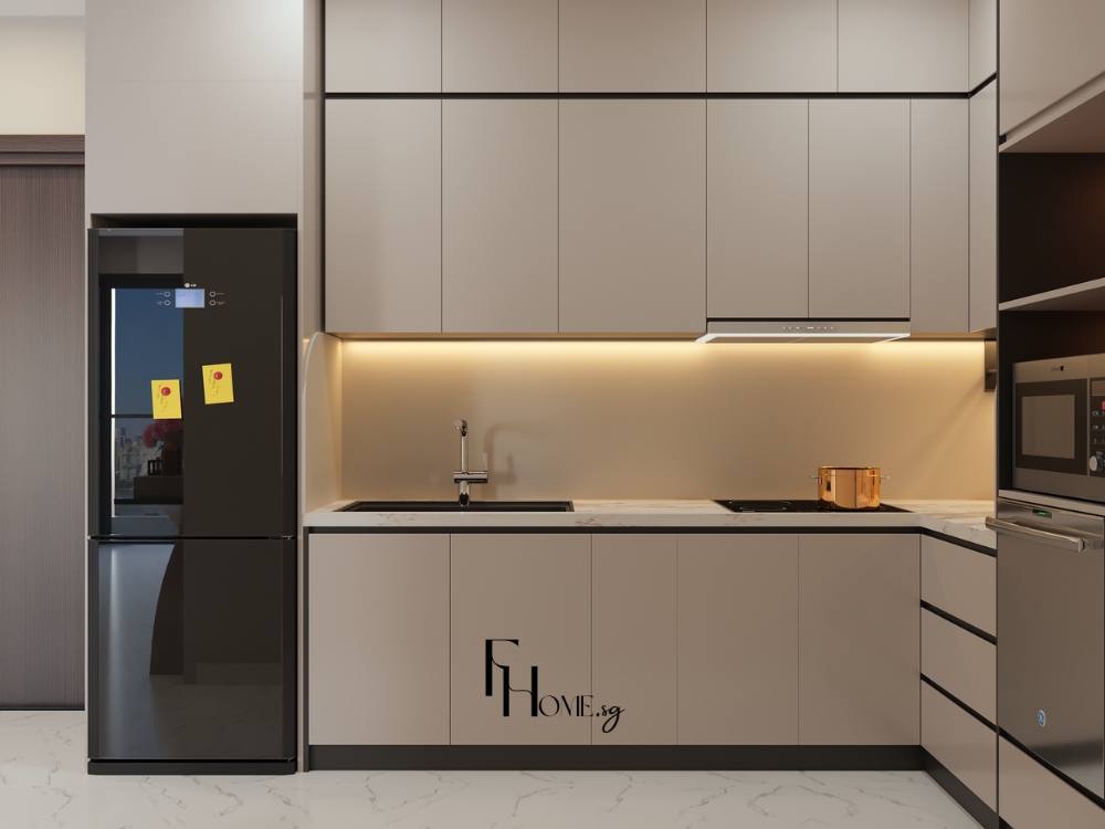 Hệ tủ bếp kịch trần hiện đại tích hợp thiết bị nấu nướng gọn gàng