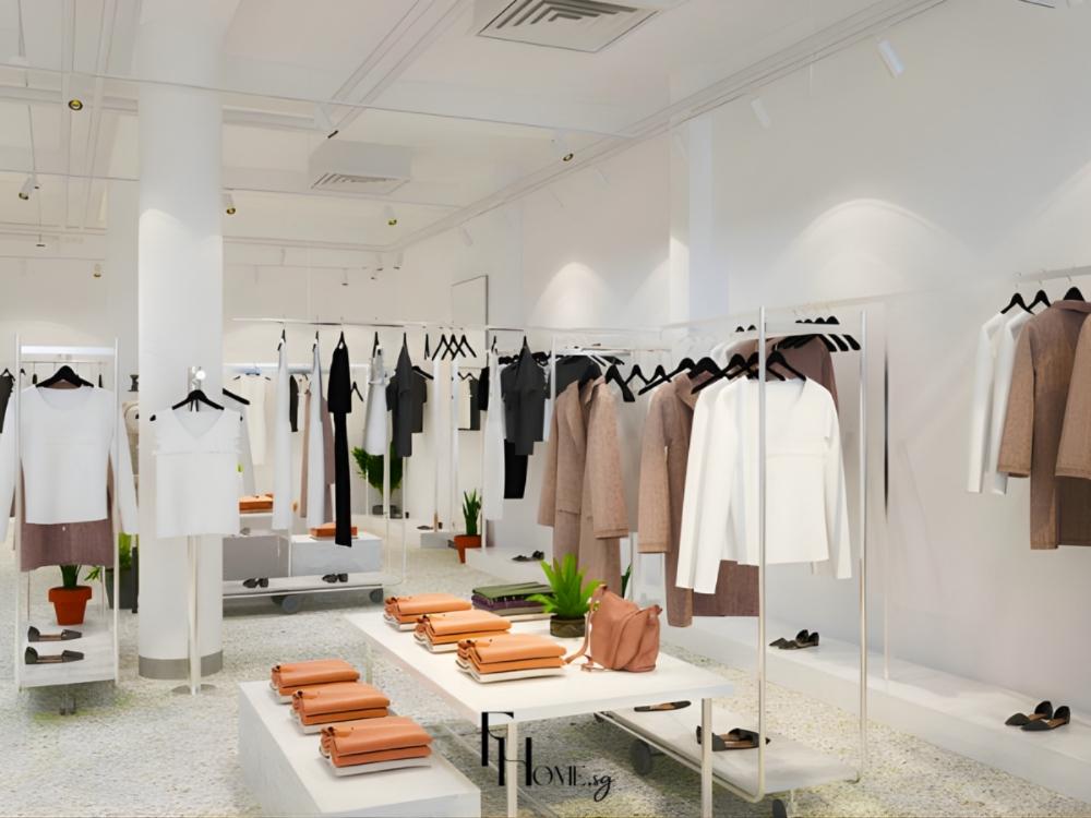 Kệ và tủ trưng bày sắp xếp đối xứng, tạo luồng di chuyển tự nhiên cho khách hàng tham quan