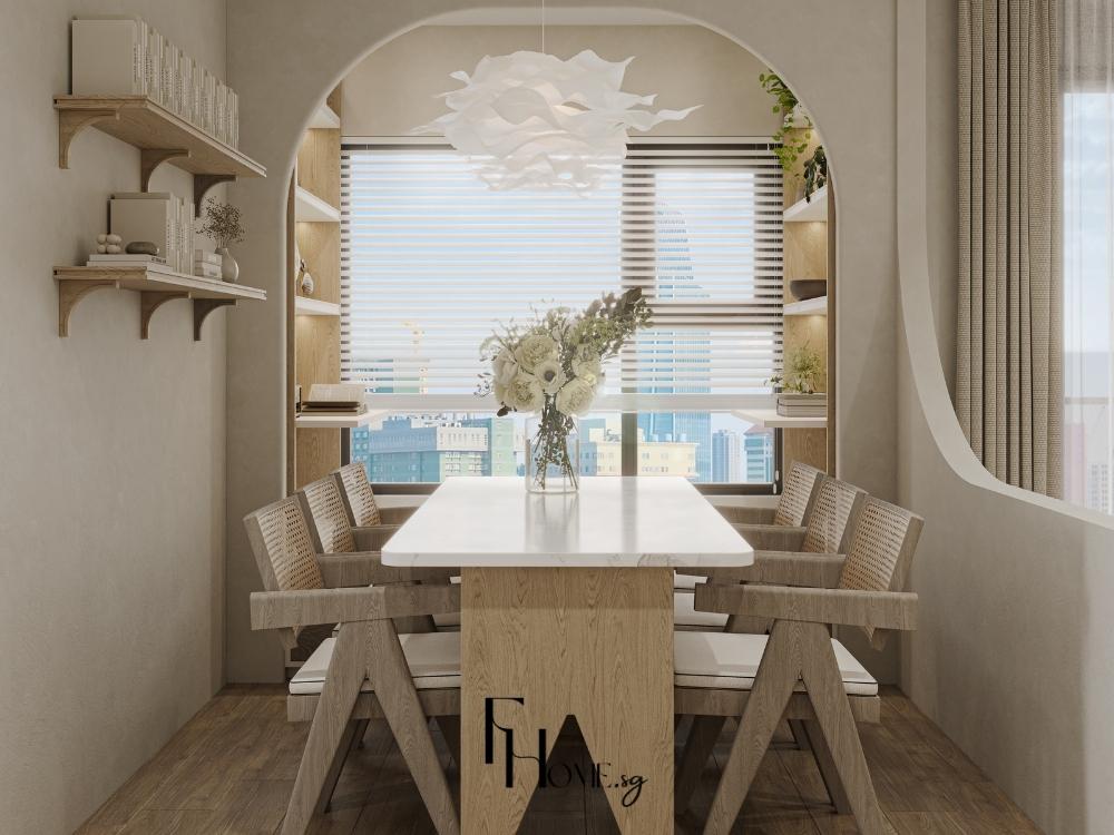 Kết hợp gỗ, đá marble và kim loại inox giúp cân bằng màu sắc tươi tắn và tạo chiều sâu thẩm mỹ cho không gian bếp