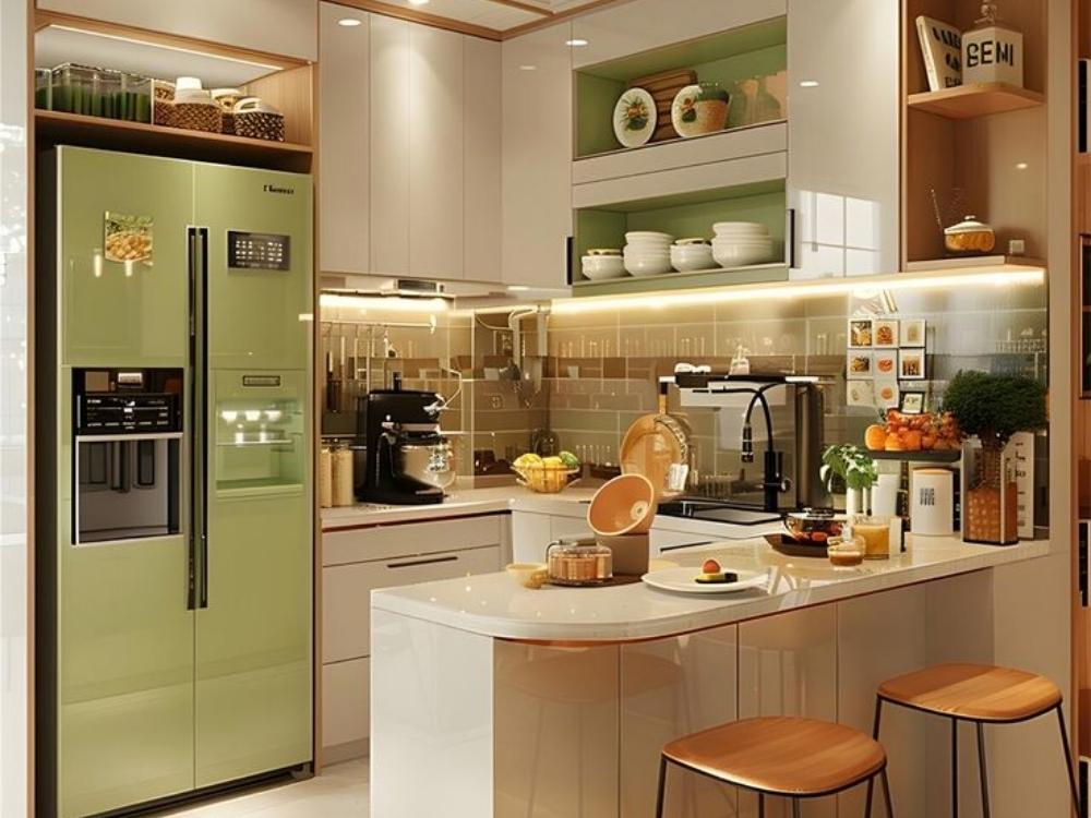 Không gian bếp 20m² đủ rộng để bố trí bàn đảo, quầy bar và khu vực dining tiện nghi