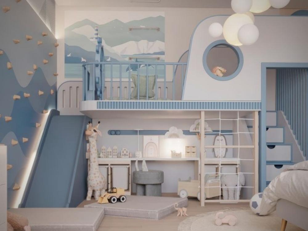 Không gian được bố trí linh hoạt, tận dụng chiều cao để sắp xếp kệ đồ chơi và thiết bị vui chơi gọn gàng