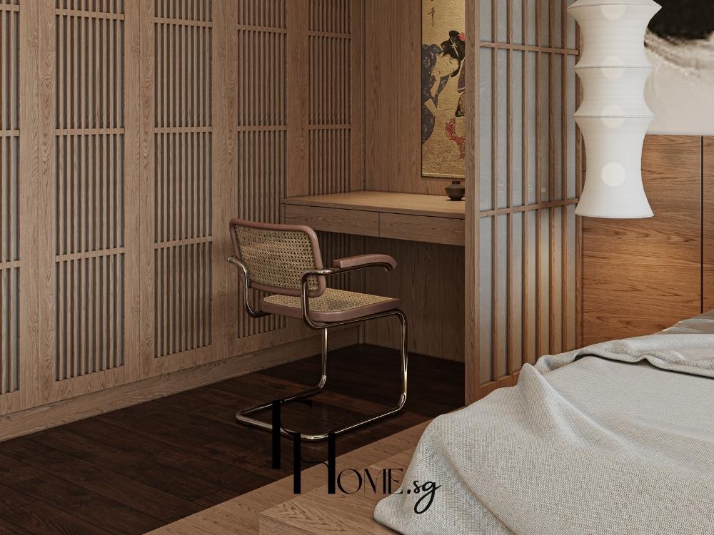 Không gian làm việc nhỏ trong phòng ngủ được thiết kế tinh gọn hài hòa với tổng thể nội thất