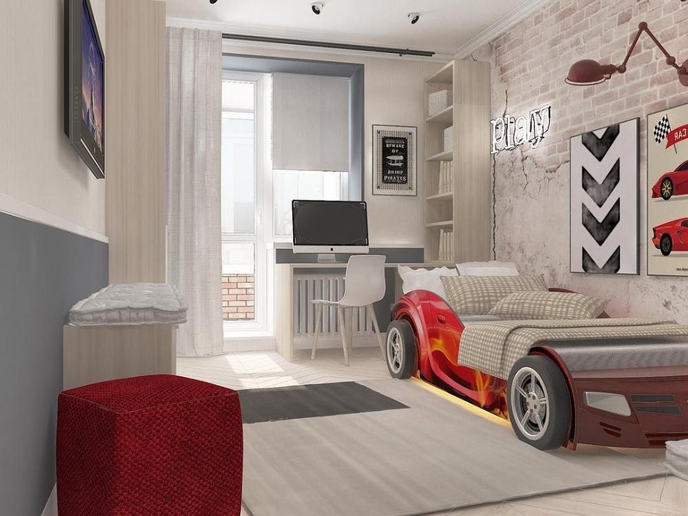 Không gian năng động với decor tường hình đường đua và giường kiểu xe thể thao bắt mắt
