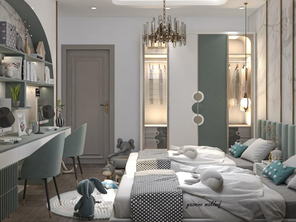 Không gian thiết kế phù hợp cho cả bé trai và bé gái, kết hợp hệ đèn chùm, bàn học và tủ quần áo đa màu sắc cân đối