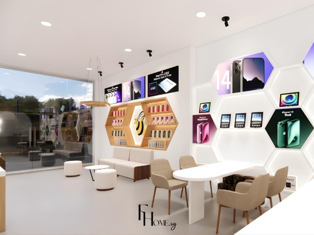 Khu vực tiếp khách riêng biệt và trưng bày phụ kiện theo danh mục rõ ràng, nâng cao trải nghiệm mua sắm cho khách hàng