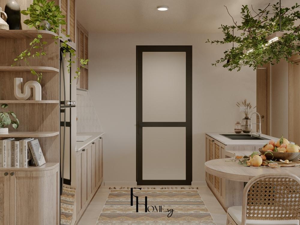 Nhà bếp được tô điểm bởi cây xanh và ánh sáng tự nhiên, mang lại cảm giác thư giãn và kết nối với thiên nhiên