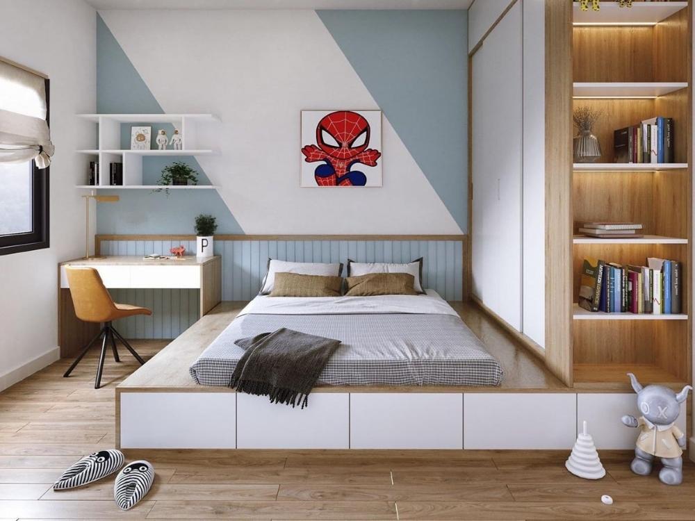 Nội thất thông minh như giường tầng có ngăn kéo, bàn học gấp gọn và tủ đa năng giúp tối ưu không gian phòng ngủ trẻ em