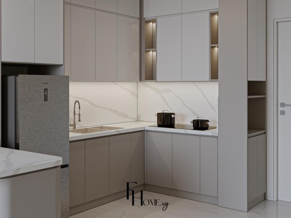 Phối hợp ánh sáng trắng và vàng mang lại không gian bếp vừa rõ nét vừa ấm cúng, dễ chịu