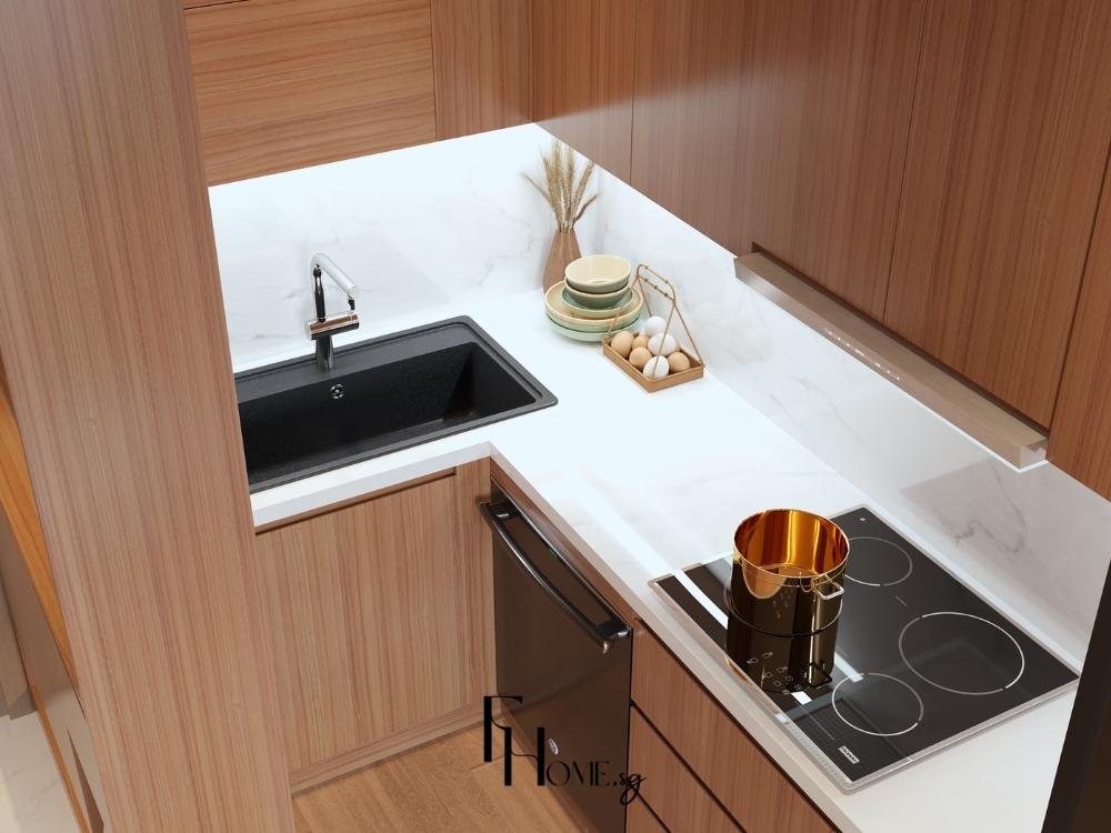 Phòng bếp hiện đại nổi bật với mặt bàn bếp Granite bóng loáng, bền đẹp theo thời gian