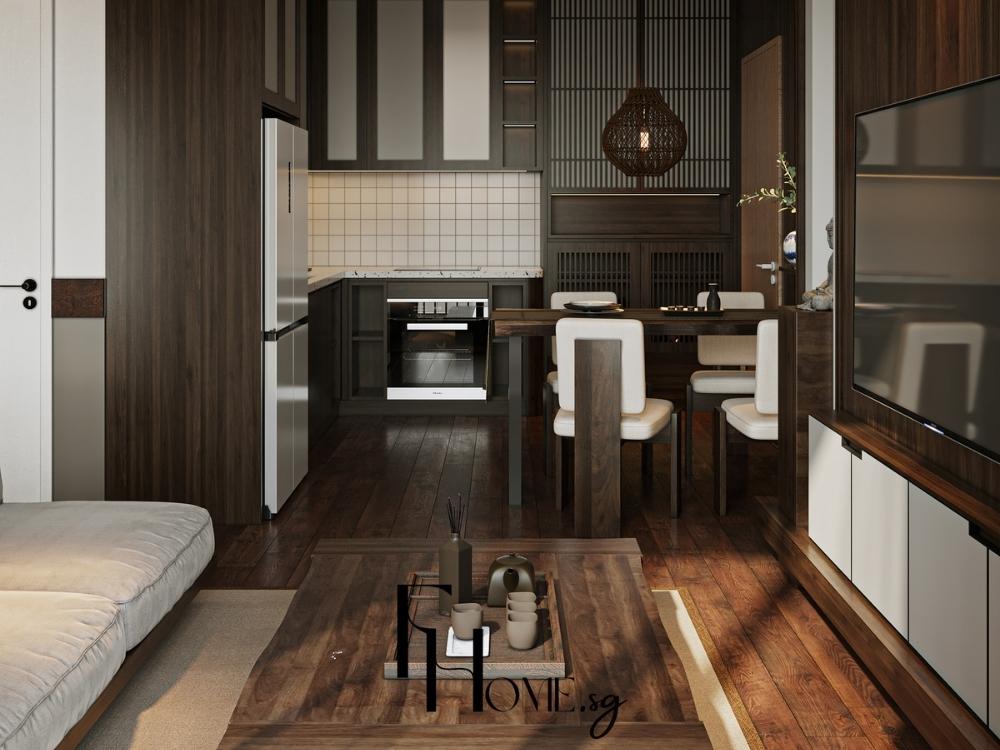 Phòng bếp kết hợp hài hòa với phòng khách và khu ăn uống mang lại sự tiện nghi liền mạch