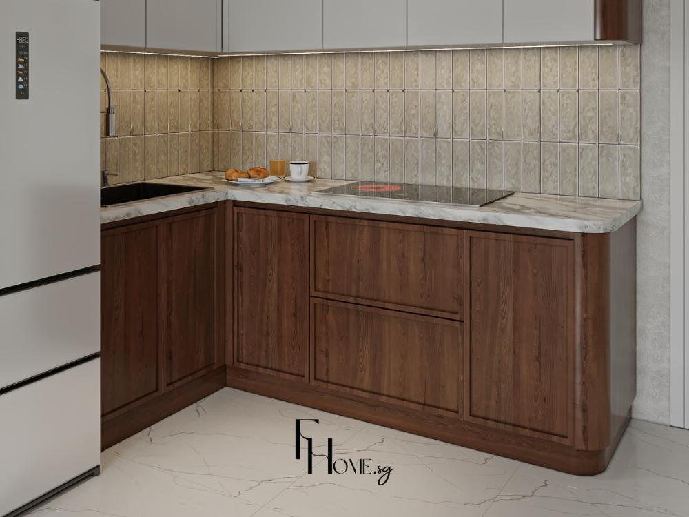 Phòng bếp tối giản sử dụng chất liệu thô mộc mang lại không gian ấm cúng chân thực