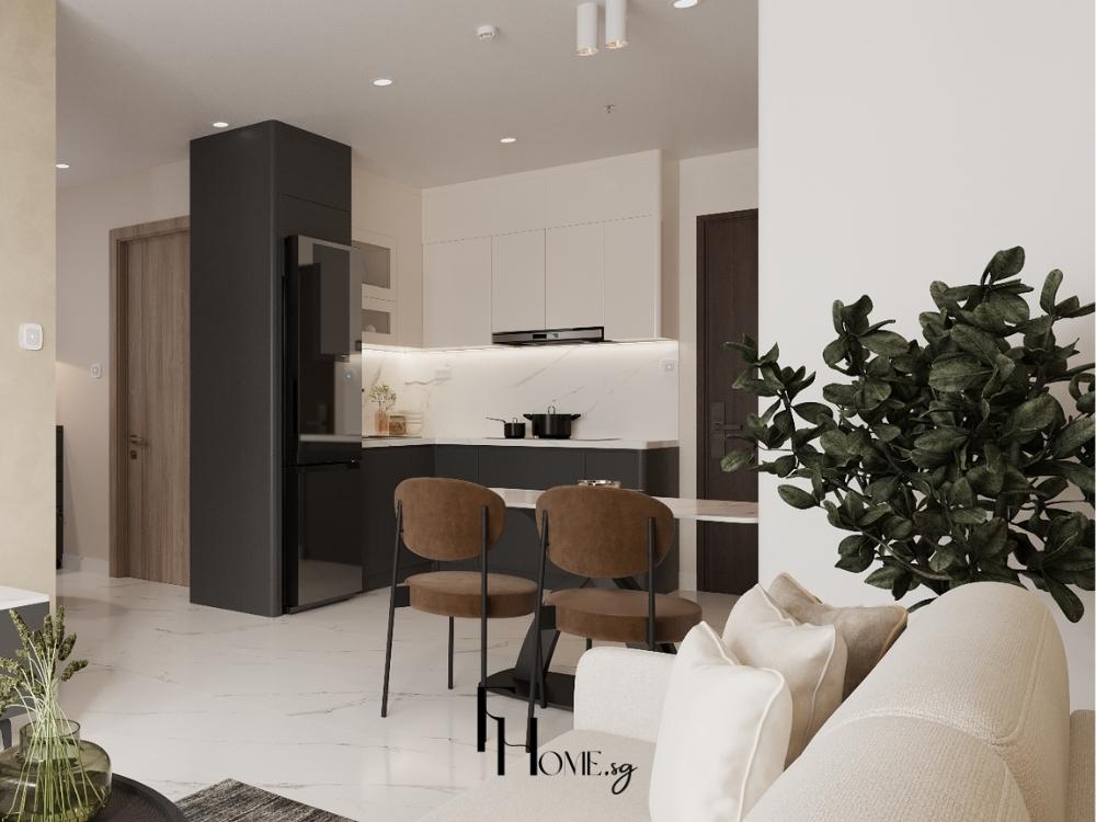 Phòng bếp tone trung tính kết hợp màu gỗ và trắng, tạo sự cân bằng giữa ấm áp và hiện đại