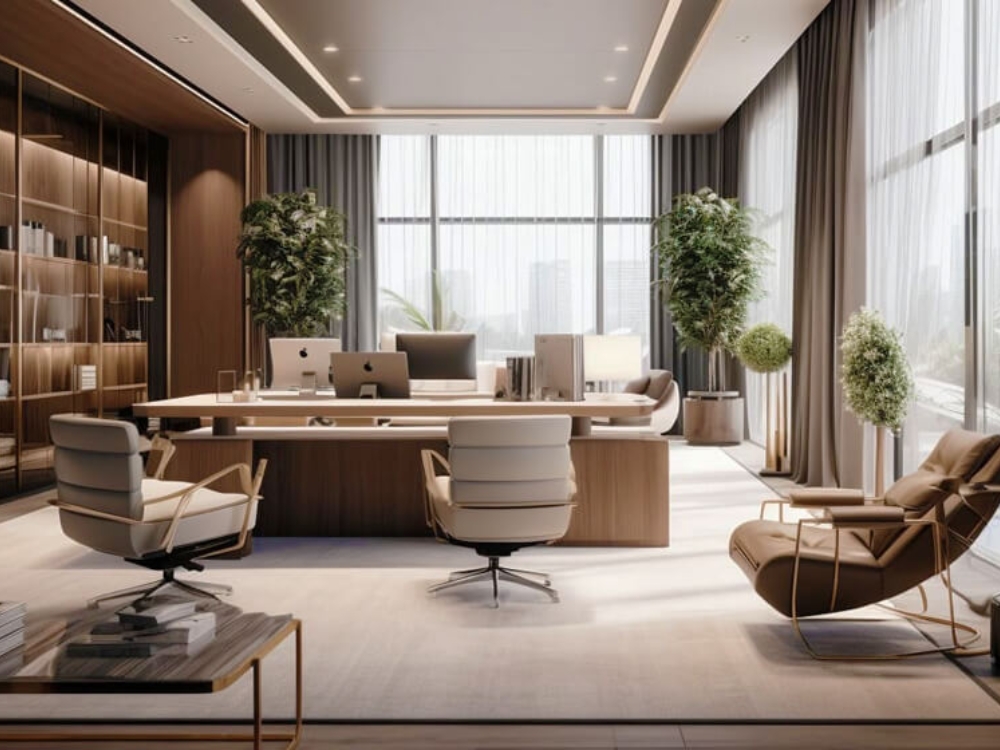 Phòng giám đốc đẳng cấp với màu sắc trung tính sang trọng, thể hiện quyền lực và uy tín của lãnh đạo
