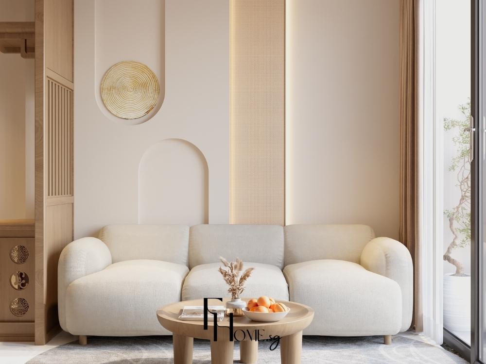 Phòng khách ấm cúng với gam màu trung tính và nội thất gỗ tự nhiên mang lại cảm giác thư thái