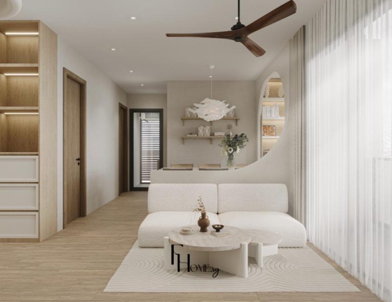 Phòng khách căn hộ Vinhomes Grand Park 70m2 phong cách Wabi Sabi view 1