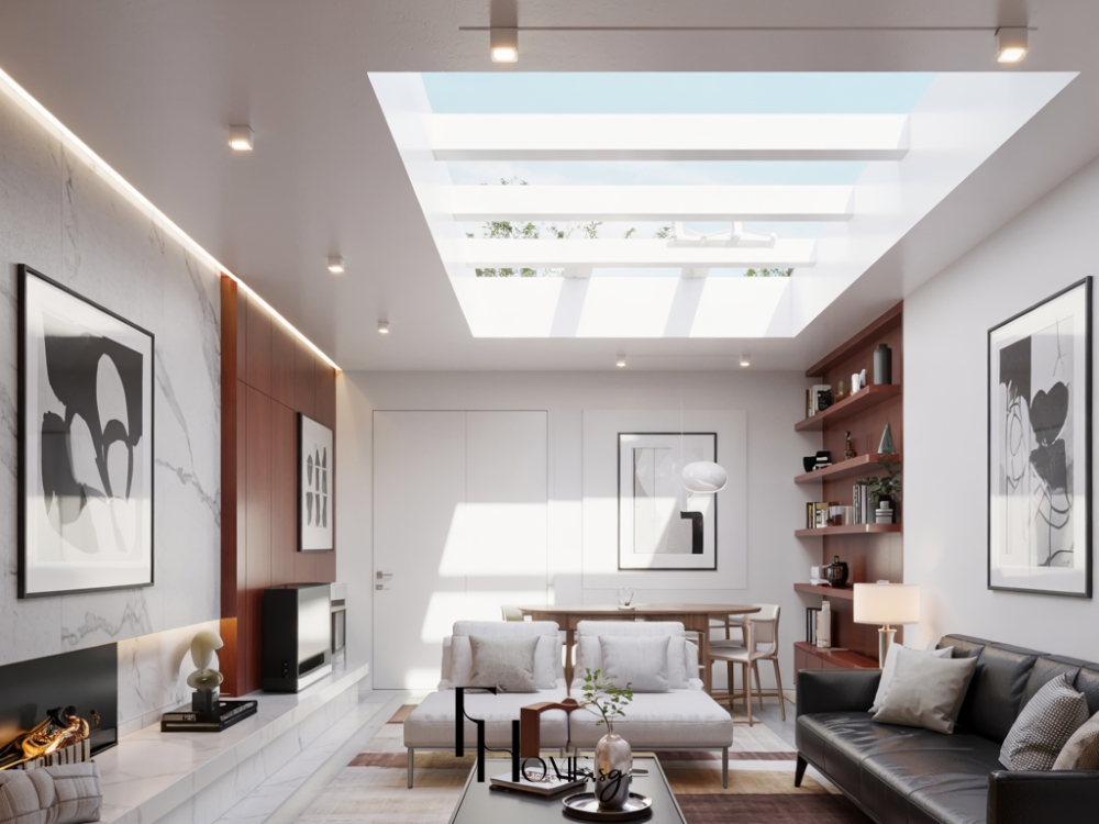 Phòng khách nhà phố hiện đại với gam màu đen-trắng-nâu, giếng trời và đèn LED âm trần