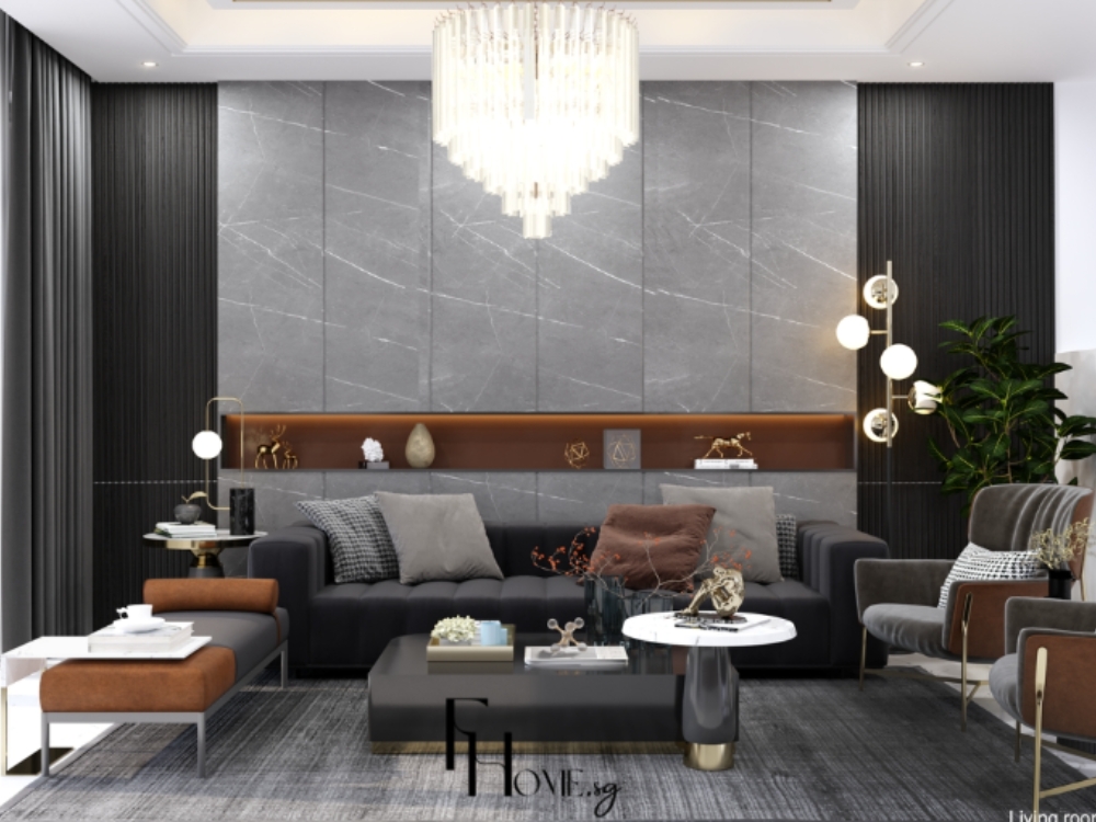 Phòng khách sang trọng với đá marble, gỗ veneer và kim loại mạ chrome, thiết kế tối giản đẳng cấp