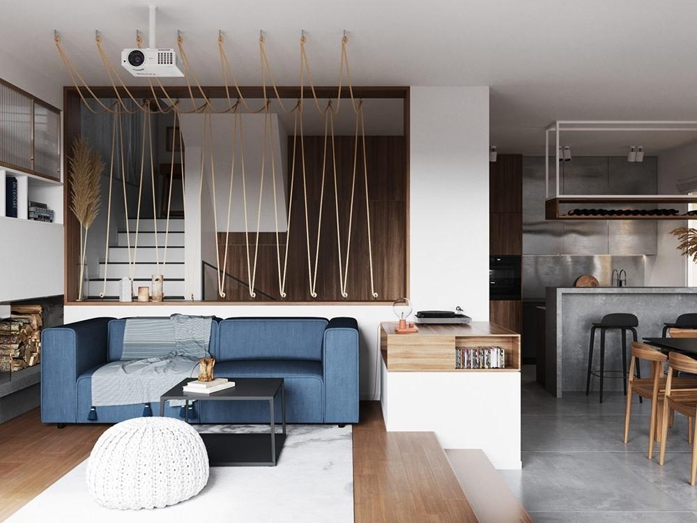 Phòng khách tinh gọn với đường nét rõ ràng và bảng màu đơn sắc tạo cảm giác thoáng rộng