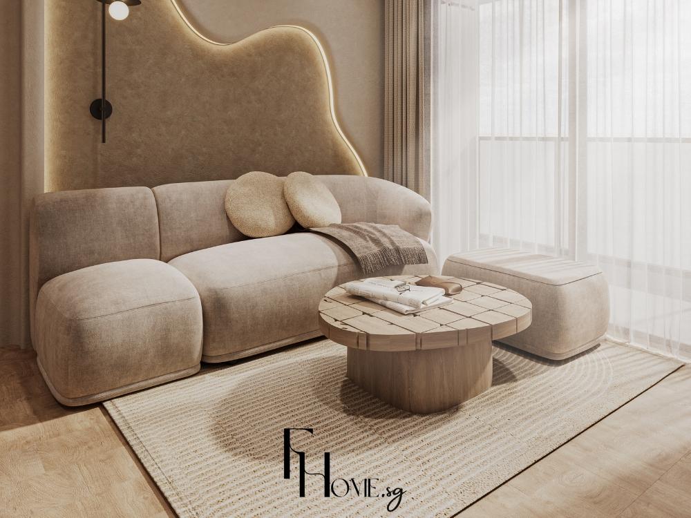 Phòng khách tràn ngập ánh sáng tự nhiên với rèm mỏng và đèn chiếu nhấn tạo chiều sâu không gian