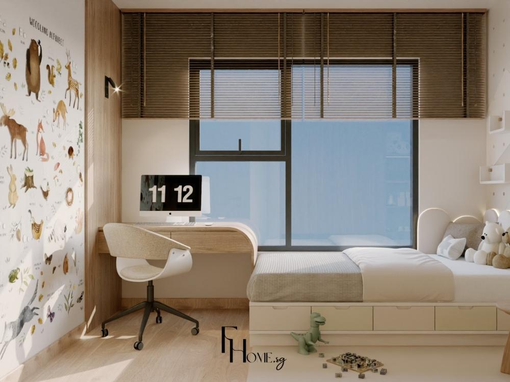 Phòng ngủ bé gái lấy cảm hứng từ thiên nhiên với gam màu xanh lá, nâu gỗ và trắng kem tạo cảm giác dễ chịu