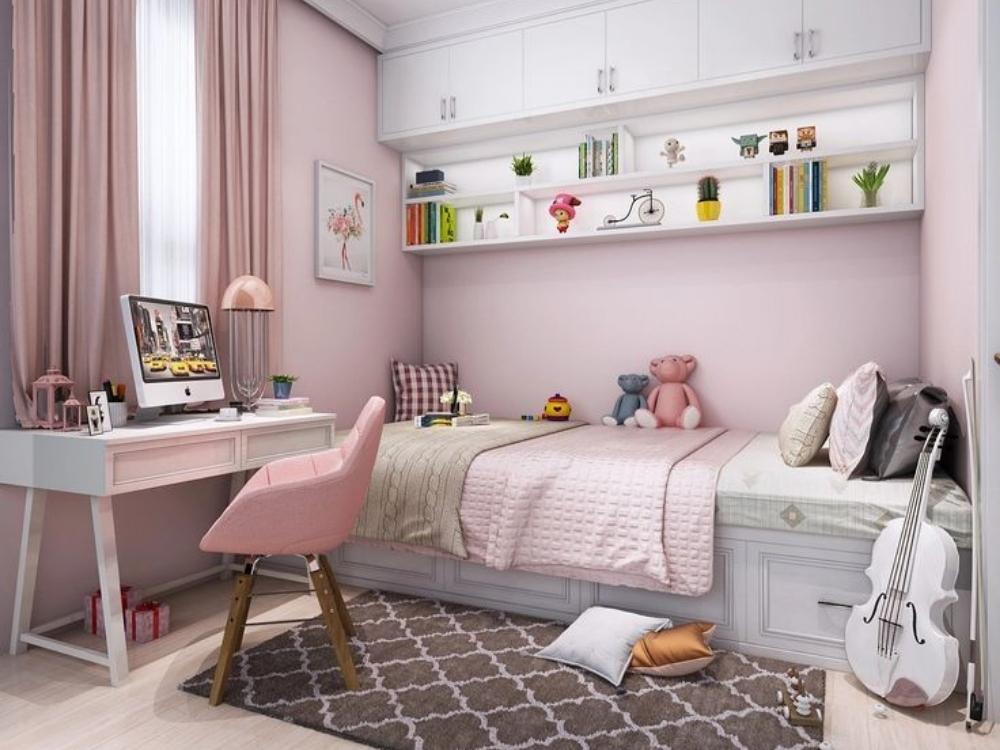 Phòng ngủ bé gái yêu âm nhạc được trang trí với họa tiết và góc nhỏ để đặt nhạc cụ luyện tập