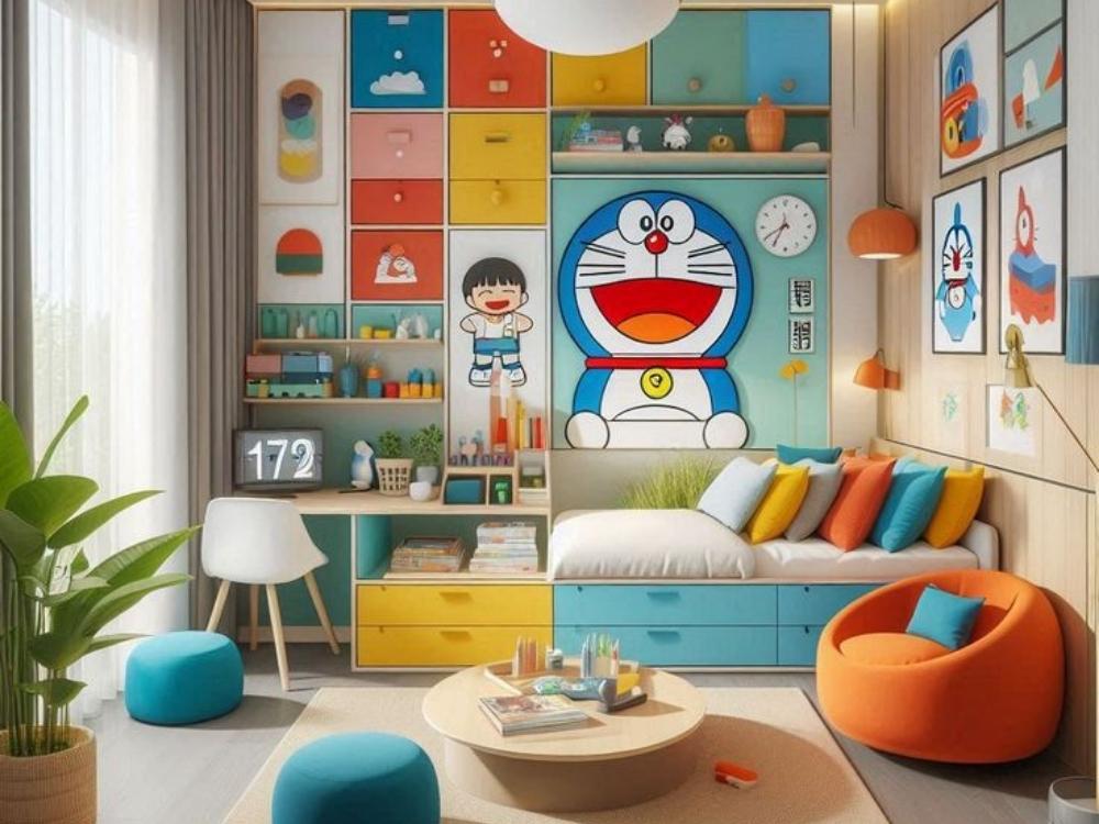 Phòng ngủ bé trai chủ đề Doraemon với gam màu xanh dương, trắng và đỏ tươi vui, mang lại cảm giác gần gũi và dễ thương