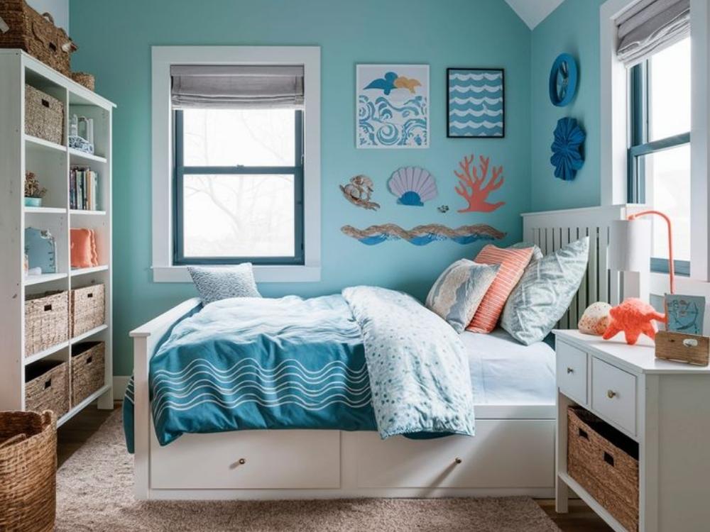 Phòng ngủ bé trai chủ đề biển cả với giường thiết kế mô phỏng chiếc thuyền, tạo cảm giác như đang ra khơi