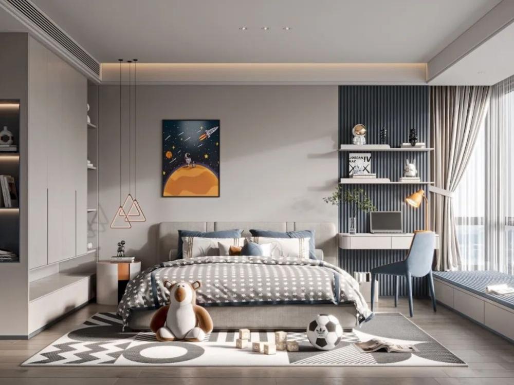 Phòng ngủ bé trai chủ đề vũ trụ với gam màu đen, xanh navy và bạc tạo cảm giác huyền bí và cuốn hút