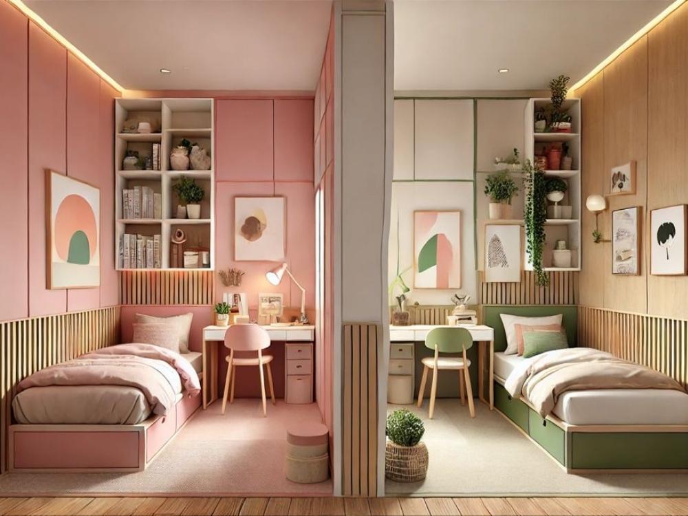 Phòng ngủ bố trí hai giường đơn riêng biệt, mang lại không gian nghỉ ngơi cá nhân cho từng bé