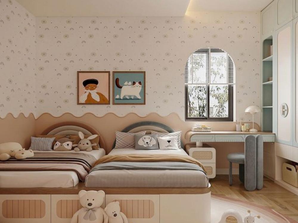 Phòng ngủ đôi phối màu trung tính như be, xám nhạt và trắng kem, mang lại cảm giác hài hòa và dễ chịu