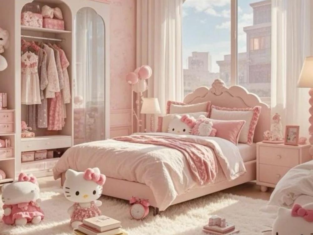 Phòng ngủ đồng bộ chủ đề từ chăn ga, gối đến rèm cửa, tạo thế giới riêng đầy màu sắc cho bé gái