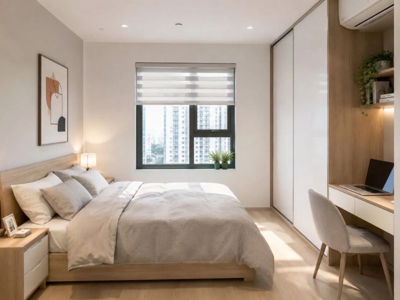 Phòng ngủ hiện đại căn hộ nhỏ với giường gỗ thấp tủ áo cánh trượt trắng và bàn làm việc gỗ âm tường