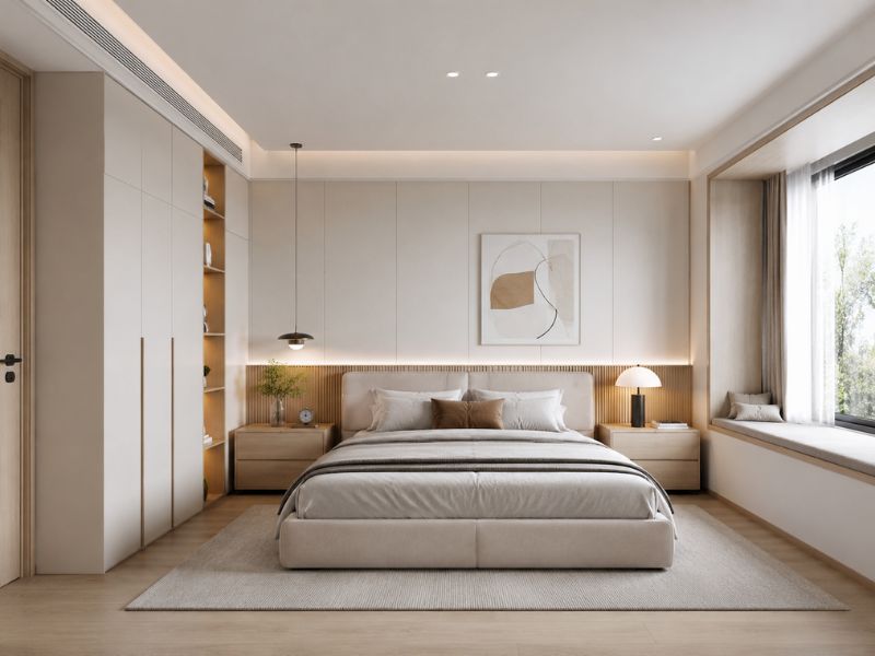 Phòng ngủ hiện đại tông trung tính với giường đầu thấp ốp lam gỗ và tủ quần áo kịch trần bên ghế cửa sổ