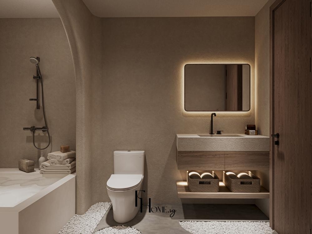 Phòng tắm sáng thoáng với vách kính phân tách khu khô và khu ướt rõ ràng tiện dụng