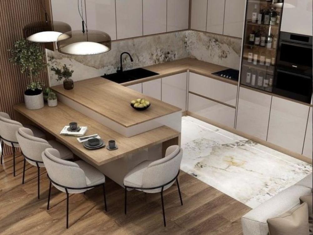 Quầy bar trong bếp vừa là nơi thưởng thức đồ uống, vừa là bàn ăn sáng tiện lợi cho gia đình