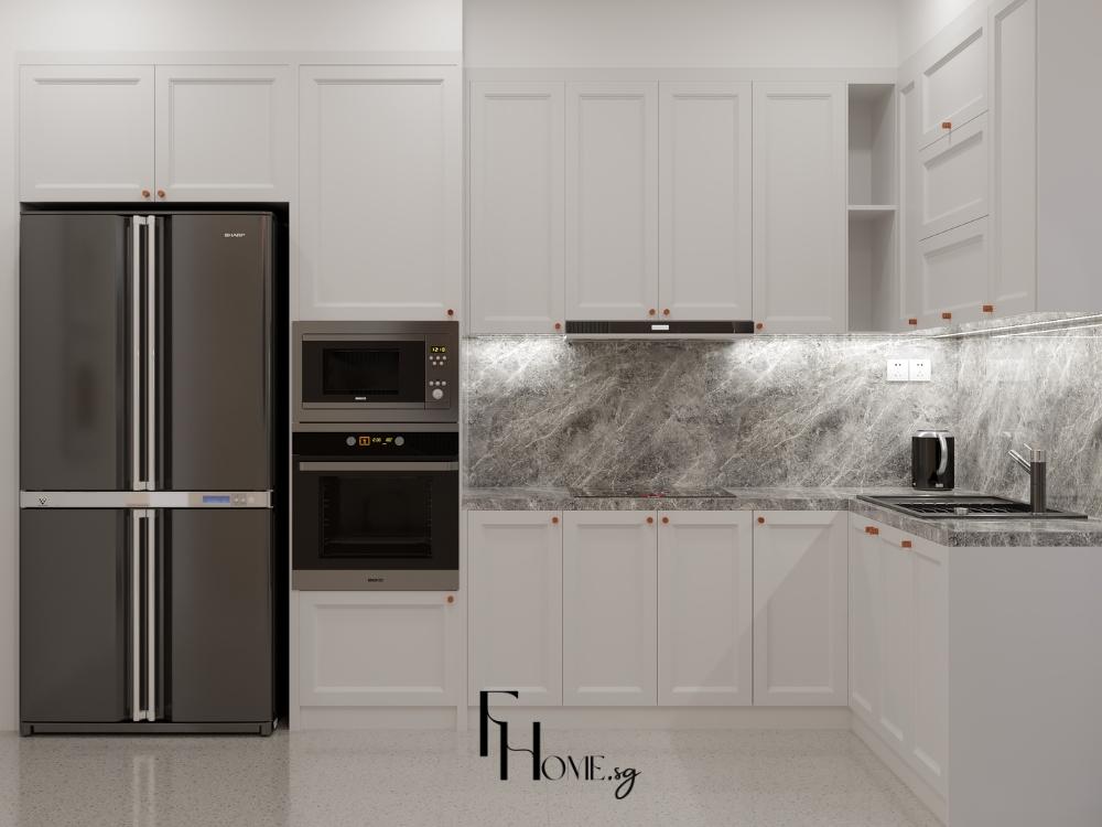 Sắc trắng tinh khôi tạo điểm nhấn trẻ trung, mang đến tinh thần lạc quan và sáng tạo cho căn bếp