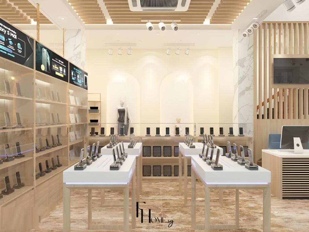 Showroom điện thoại phong cách hiện đại với mặt tiền kính trong suốt, cửa tự động và gam màu sáng