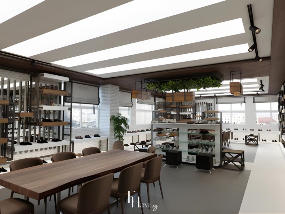 Showroom giày dép với kệ trưng bày gọn gàng, ánh sáng nổi bật, tạo trải nghiệm mua sắm tiện nghi