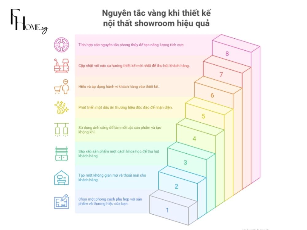 Showroom hiệu quả được thiết kế dựa trên nguyên tắc cơ bản, đảm bảo vừa thẩm mỹ vừa tối ưu công năng sử dụng