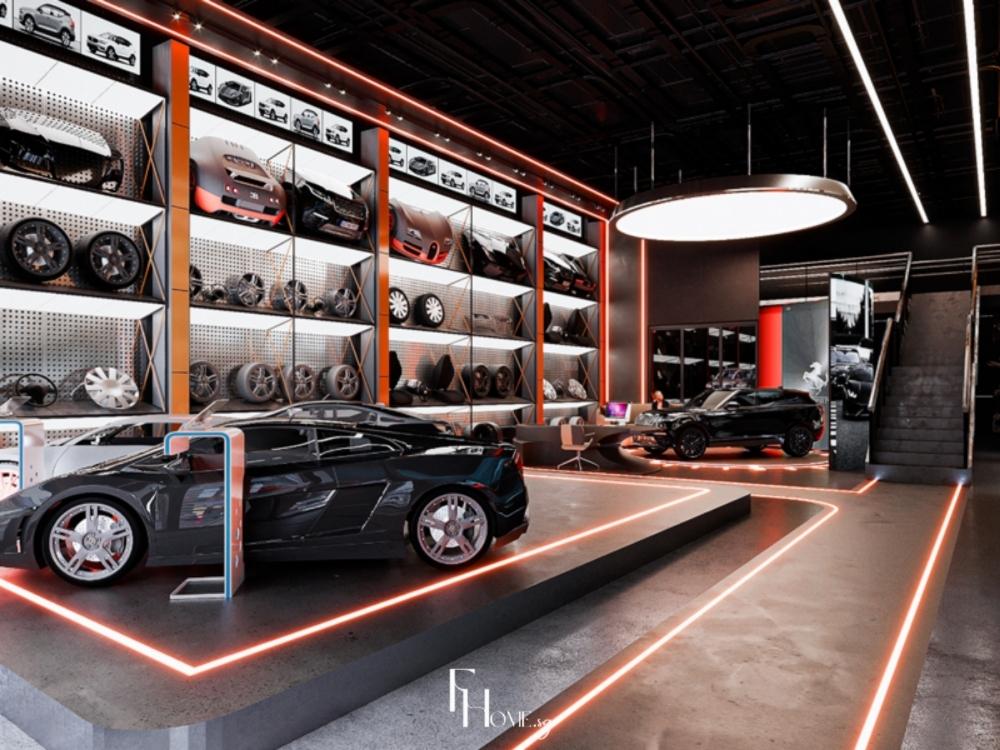 Showroom ô tô sang trọng với không gian rộng lớn, sàn chống trượt và ánh sáng mạnh mẽ