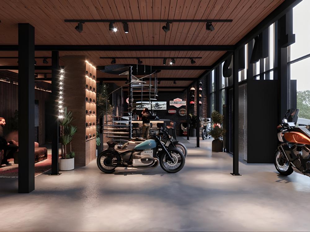 Showroom phong cách công nghiệp với tường gạch thô, sàn bê tông và kết cấu kim loại lộ thiên, tạo không gian mạnh mẽ và cá tính