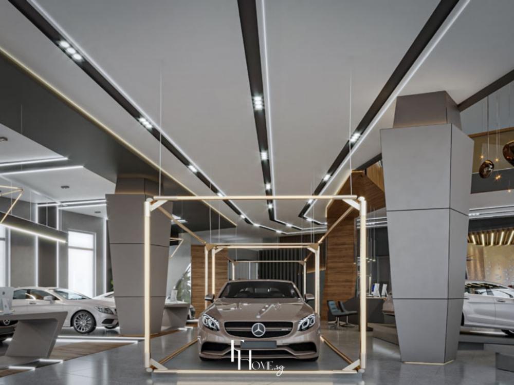 Showroom sang trọng với vật liệu cao cấp như đá marble, gỗ tự nhiên, da thật và kim loại mạ vàng, thể hiện đẳng cấp thương hiệu