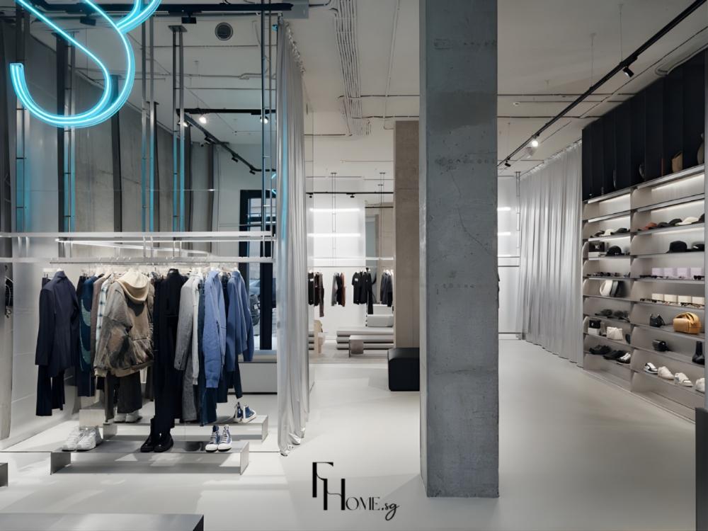 Showroom thời trang với gam màu trắng, đen, xám và be, làm nổi bật sản phẩm cao cấp và thể hiện đẳng cấp thương hiệu