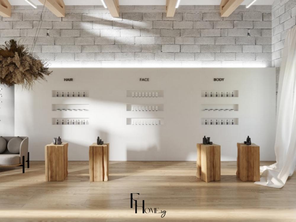 Showroom tối giản với thiết kế gọn gàng, màu sắc trung tính và vật liệu tự nhiên như gỗ và đá
